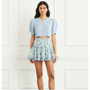 Hill House Light Blue Cropped Cable-Knit Puff Sleeve Cardigan